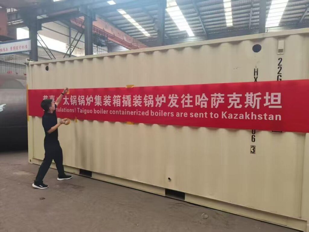 Taiguo containerized skid-mounted boiler being sent to Kazakhstan in a shipping container.