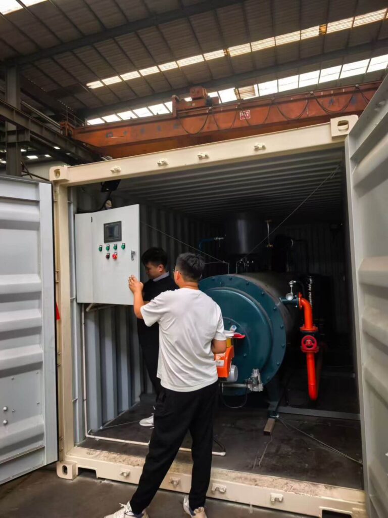 Taiguo containerized skid-mounted boiler being sent to Kazakhstan in a shipping container.