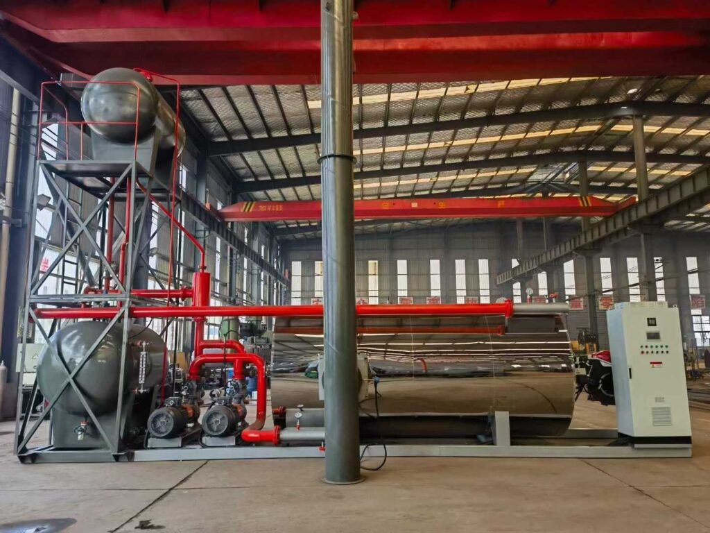 Operational showcase of Taiguo’s YQW1400Q horizontal skid-mounted gas-fired thermal oil heater plant supplying precise, continuous fluid heat for automated latex glove dipping lines.