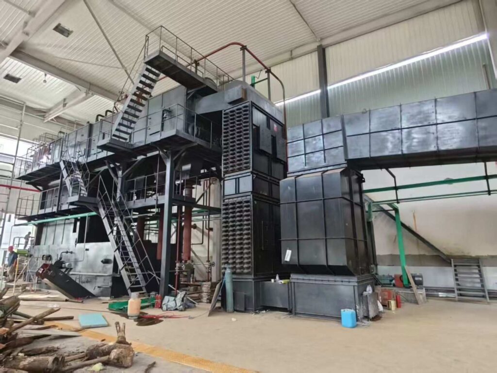  Operational view of Taiguo’s SZL20 double-drum water tube biomass steam boiler plant, utilizing local oil palm waste to power high-speed paper manufacturing lines in Sumatra.